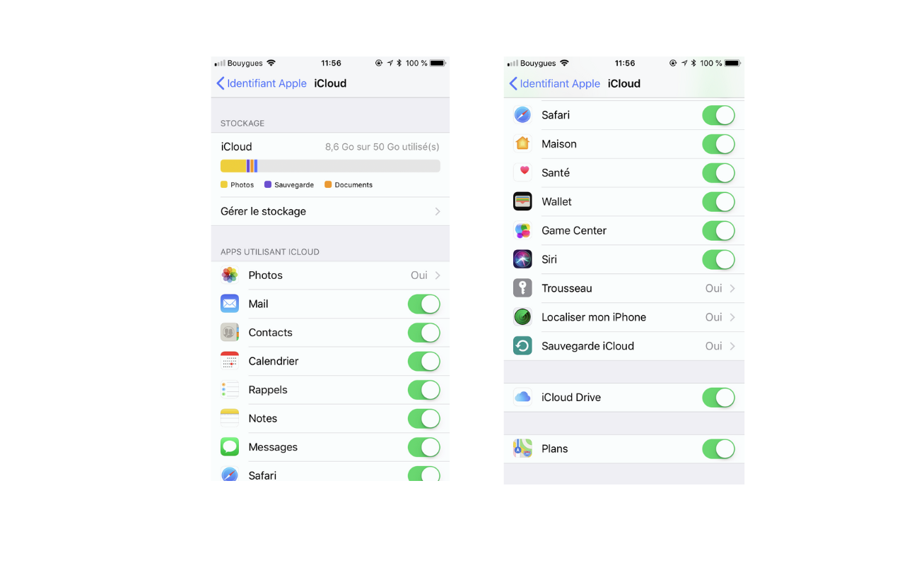 vue écran réglages icloud iphone